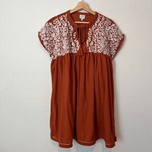 J Marie Embroidered Burnt Orange Short Sleeve Tie Neck Mini Dress Women’s Large